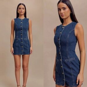 NWT MESHKI Jane Button Down Denim Mini Dress - Dark Blue